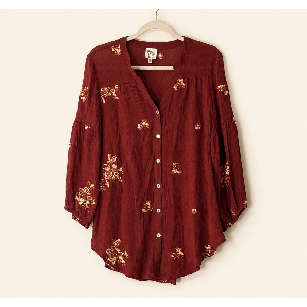 Fig and Flower Embroidered Peasant Blouse XL Burgundy Boho Top - Picture 2 of 8